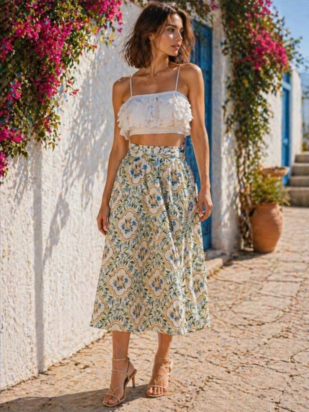 Ann Taylor Factory - Floral Tile Print MIDI Skirt - White with Blue & Yellow